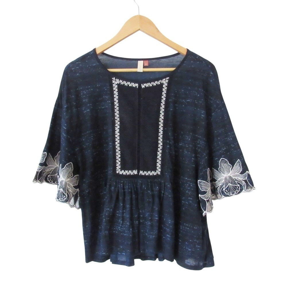 Anthropologie Pilcro Orchid Embroidered Top Small Blue Floral Boho Peasant Flowy